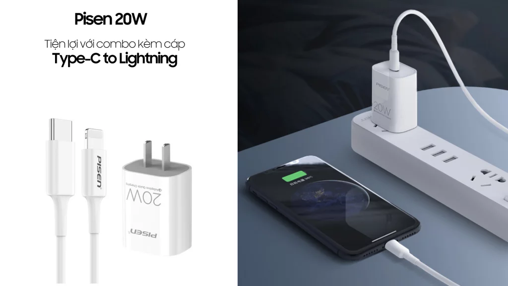 Củ sạc nhanh Lightning Pisen 20W (Cáp C to Lightning)