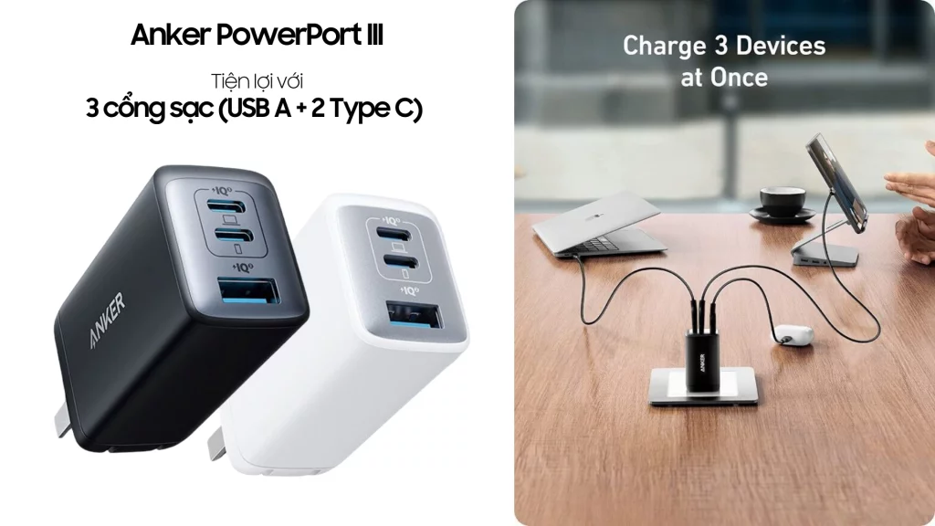 Củ sạc nhanh (USB A + 2 Type C) Anker PowerPort III (65W)