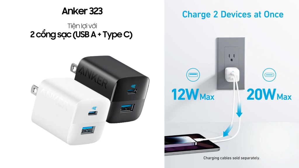 Củ sạc nhanh (USB A + Type C) Anker 323 (33W)