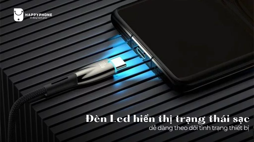 Cáp sạc Type C to C Baseus Glimmer trang bị đèn LED hiển thị trạng thái sạc