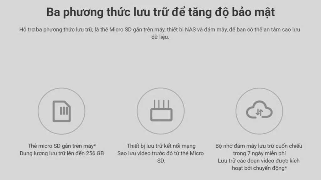 Camera Xiaomi C300 Hỗ trợ ba phương thức lưu trữ, là thẻ Micro SD gắn trên máy, thiết bị NAS và đám mây, để bạn có thể an tâm sao lưu dữ liệu