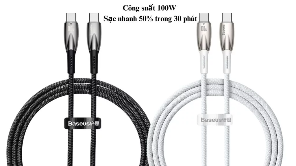 Cáp sạc Type C to C Baseus Glimmer 100W (2m) Công suất 100W Sạc nhanh 50% trong 30 phút