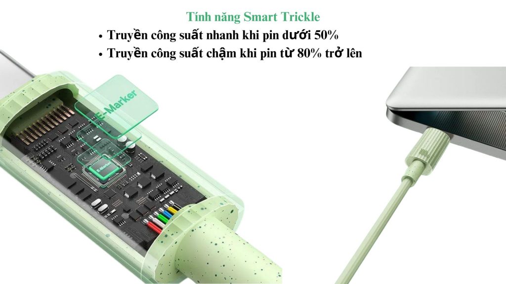 Cáp sạc Type C to C Baseus Habitat 100W (2m) Tính năng Smart Trickle Truyền công suất nhanh khi pin dưới 50% Truyền công suất chậm khi pin từ 80% trở lên