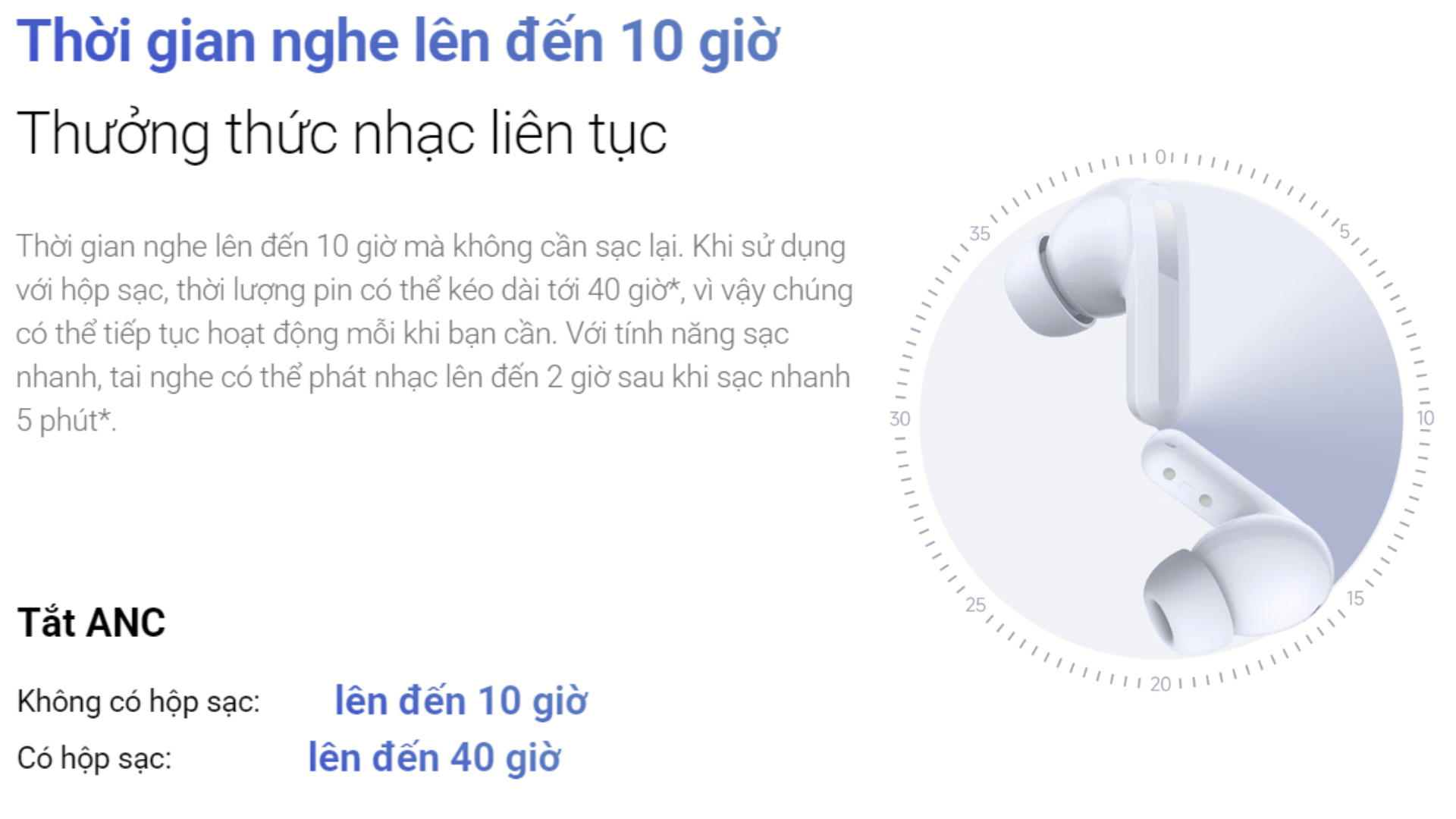 Tai nghe Bluetooth Xiaomi Redmi Buds 5 Thời gian nghe lên đến 10 giờ