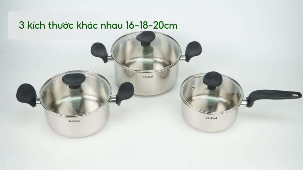 Bộ Nồi Tefal E308S674 16_18_20Cm Xám Bạc 3 kích thước khác nhau 16-18-20cm