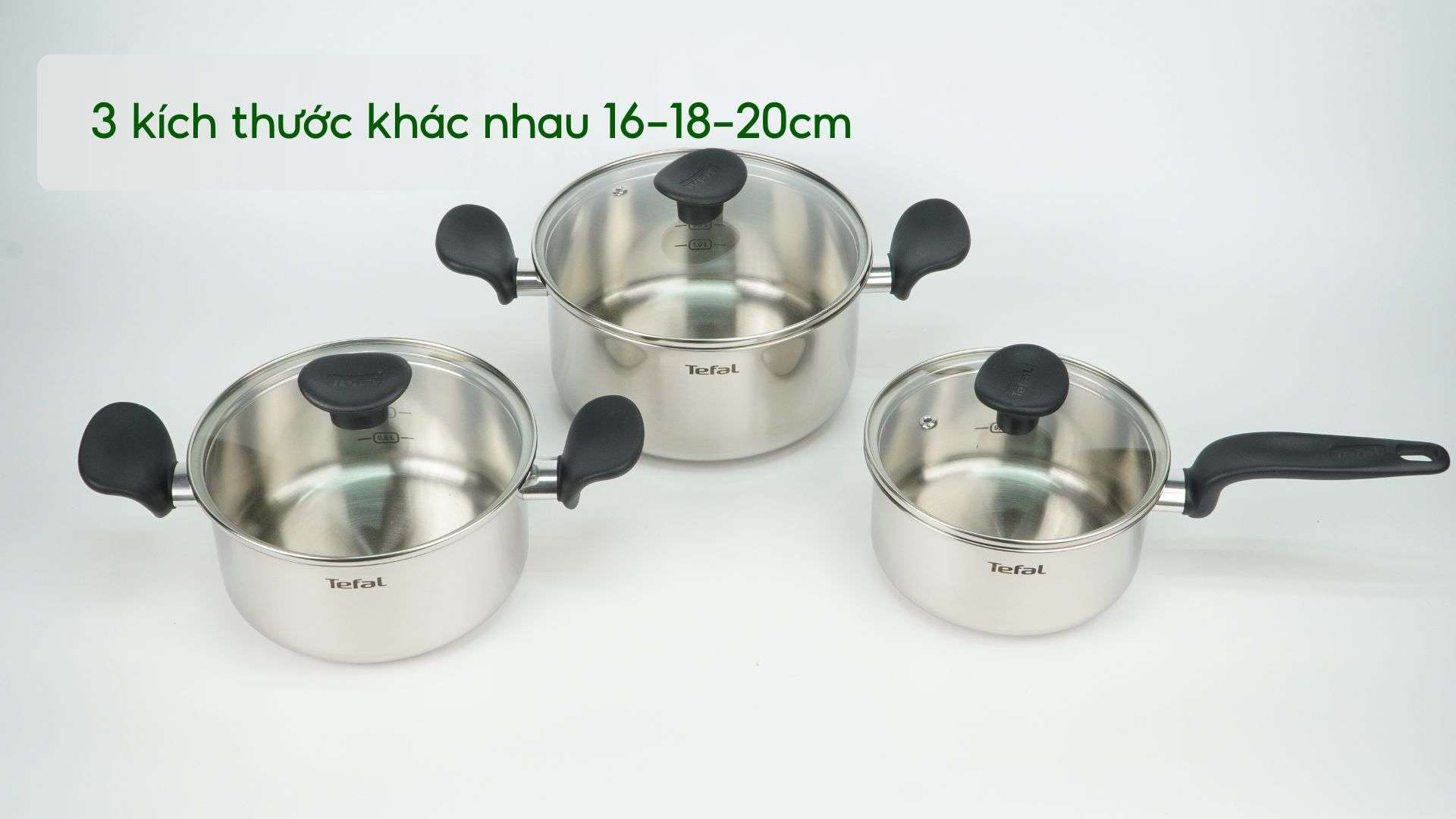 Bộ Nồi Tefal E308S674 16_18_20Cm Xám Bạc 3 kích thước khác nhau 16-18-20cm