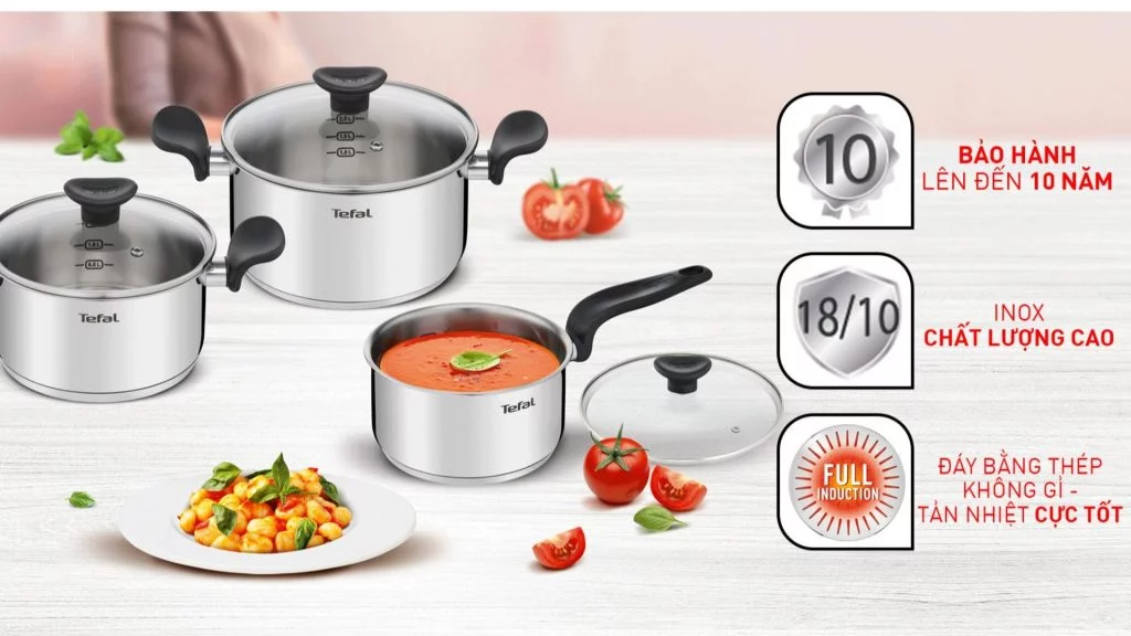 Bộ nồi inox Tefal Primary 161820cm (E308S674)Chất liệu inox cao cấp, bền bỉ vượt trội