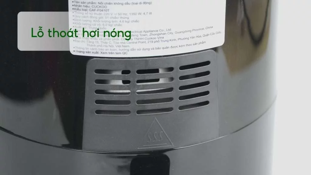 Nồi Chiên Không Dầu Cuckoo (CAF-F0410T_BKVNCV) 4.7L Đen Lỗ thoát hơi nóng