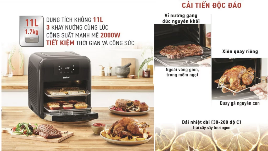 Nồi chiên không dầu Tefal 11 Lit (FW501815) dung tích 11 lít, 3 khay nướng cùng lúc với công suất 2000W. Tiết kiệm thời gian và công sức