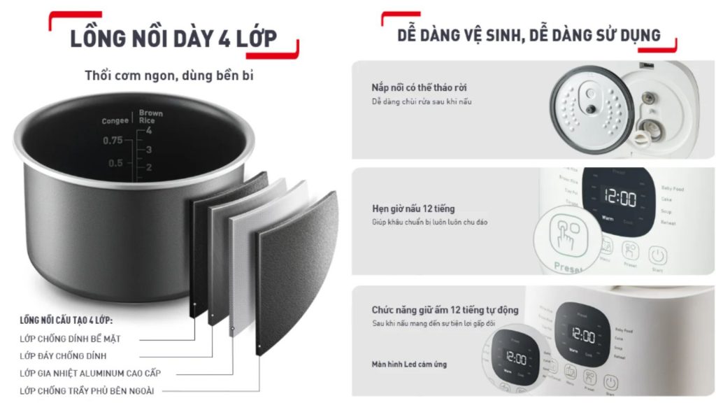 Nồi cơm điện tử Tefal 0.7 Lit (RK515168) dễ dàng vệ sinh