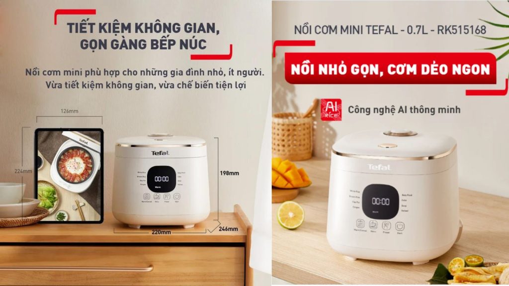 Nồi cơm điện tử Tefal 0.7 Lit (RK515168) thiết kế hiện đại, nhỏ gọn