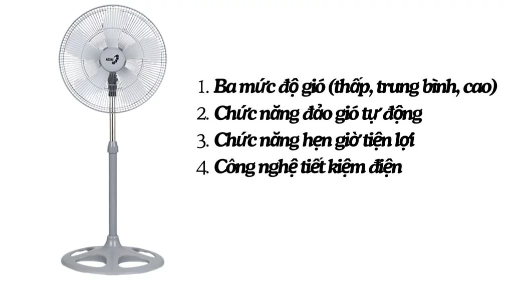 Quạt đứng bán công nghiệp Asia Vina 80W (VY589790) Ba mức độ gió (thấp, trung bình, cao) Chức năng đảo gió tự động Chức năng hẹn giờ tiện lợi Công nghệ tiết kiệm điện