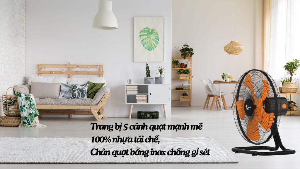 Quạt sàn bán công nghiệp Asia Vina 80W (VY586790) Trang bị 5 cánh quạt mạnh mẽ 100% nhựa tái chế, Chân quạt bằng inox chống gỉ sét