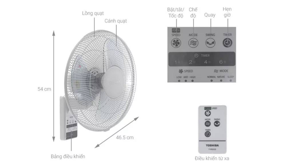 Quạt treo tường Toshiba 55W (F-WSA20) điều khiển từ xa và nút bấm