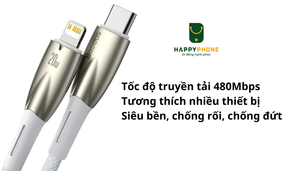 Cáp sạc Type C to Lightning Baseus Glimmer - 20W (1m) Tốc độ truyền tải 480Mbps Tương thích nhiều thiết bị Siêu bền, chống rối, chống đứt