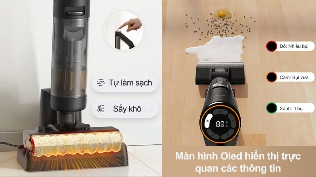 Máy hút bụi cầm tay Dreame H12 Pro hiển thị thông tin về mức pin và tự động làm sạch, sấy khô