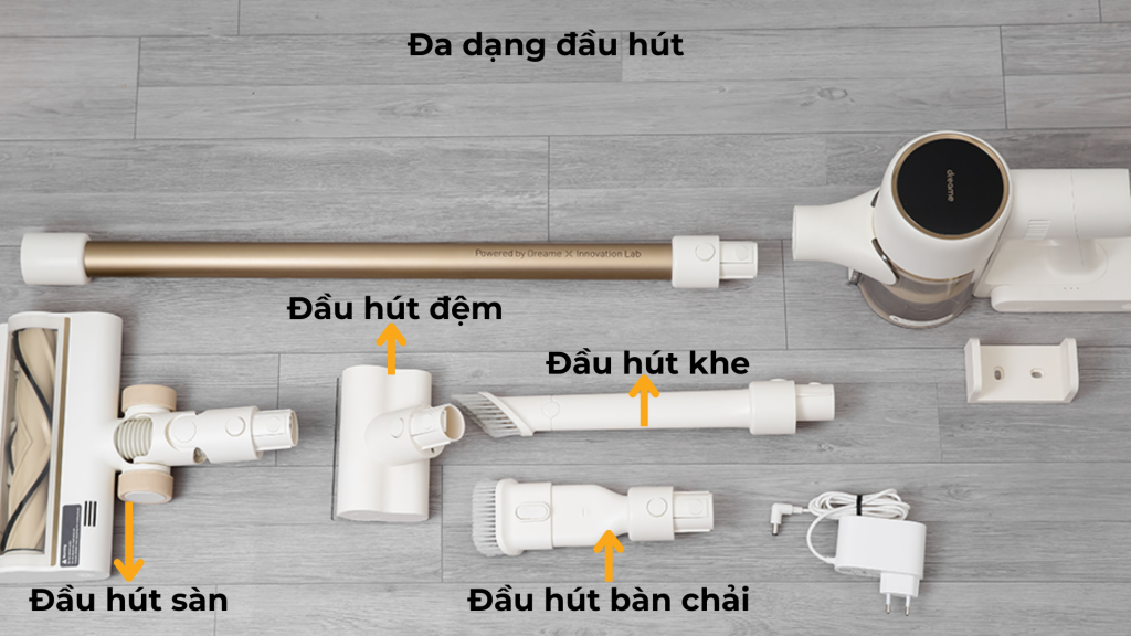 Máy hút bụi cầm tay Dreame R10 có 4 đầu hút đi kèm_ Đầu hút sàn, Đầu hút đệm, Đầu hút bàn chải, Đầu hút khe