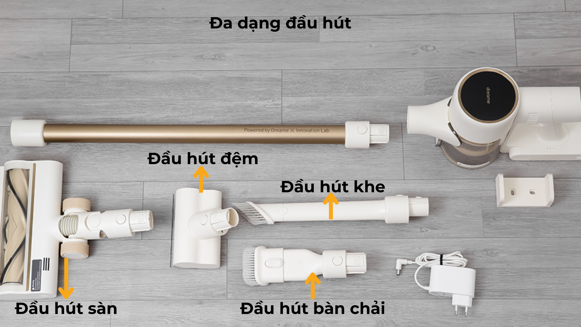 Máy hút bụi cầm tay Dreame R10 có 4 đầu hút đi kèm_ Đầu hút sàn, Đầu hút đệm, Đầu hút bàn chải, Đầu hút khe