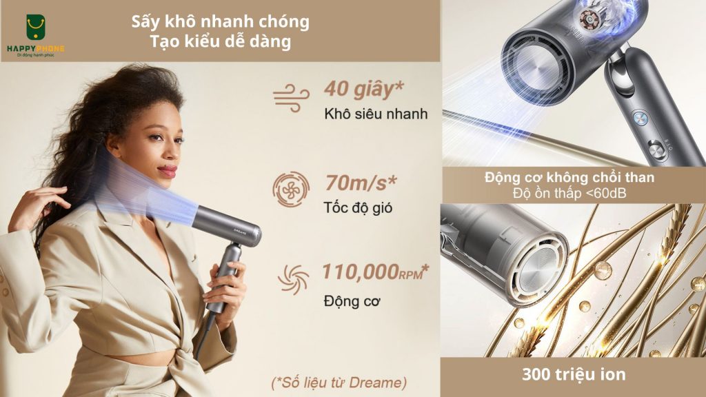 Máy sấy tóc Dreame Pocket AHD51 Tạo kiểu dễ dàng, độ ồn thấp, không gây gư tổn với 300 triệu ion