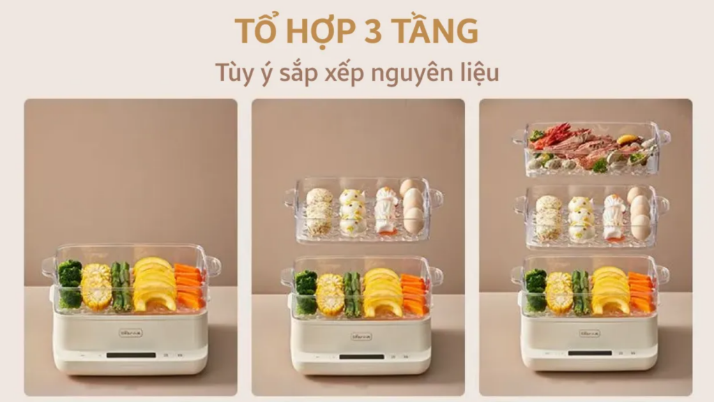 Nồi hấp Bear DZG-CA2D1 có thiết kế 3 tầng dễ dàng sắp xếp