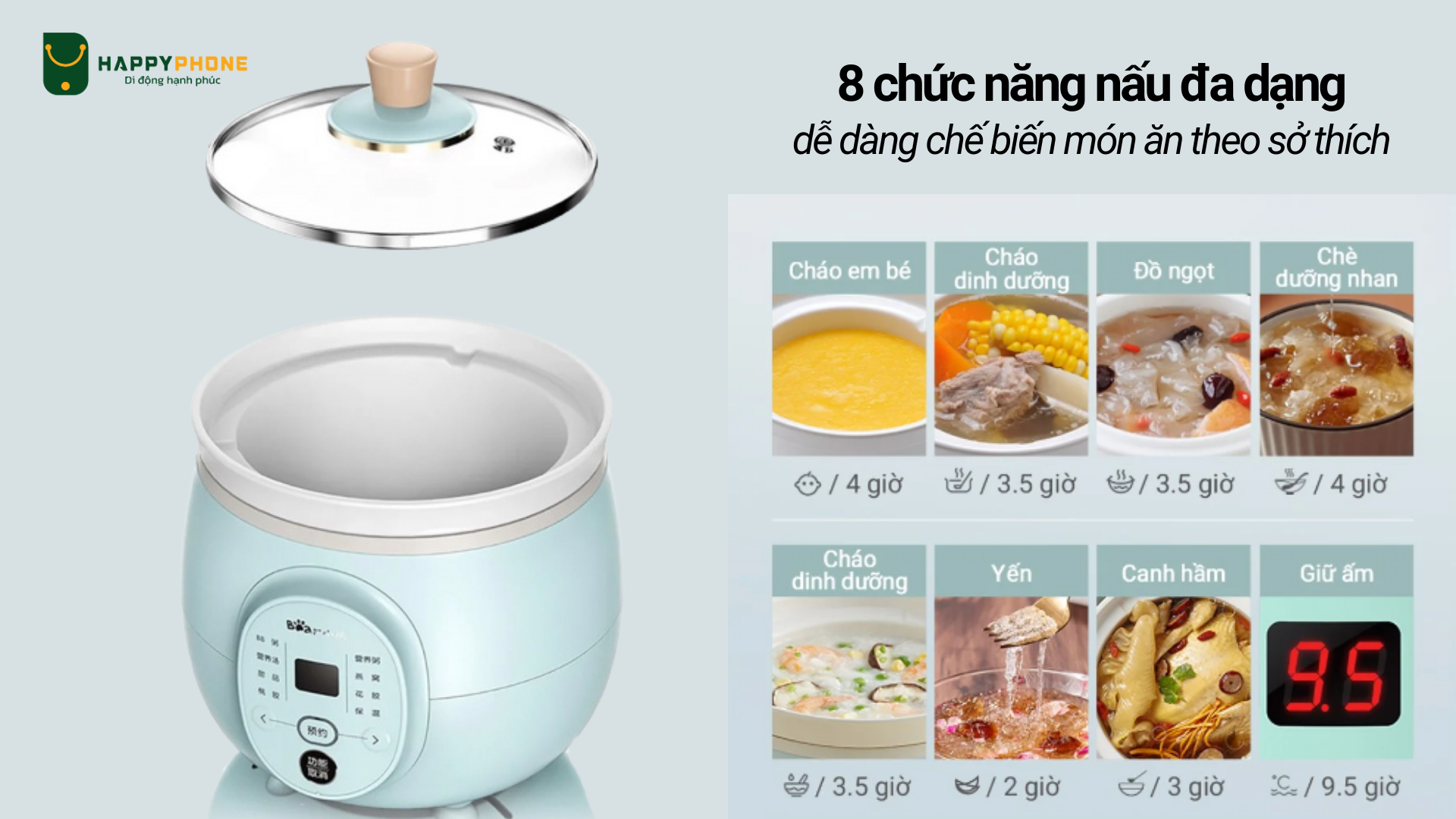 Nồi nấu chậm Bear DDG-D20P1 có 8 chức năng nấu đa dạng