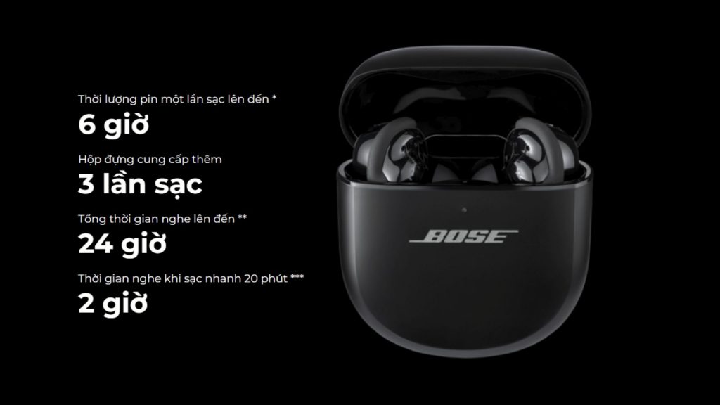 Tai nghe Bluetooth Bose QuietComfort Ultra Earbuds thời gian sử dụng lên đến 24 tiếng và sạc pin trong vòng 6 tiếng