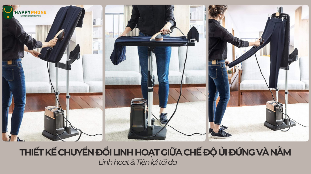 Bàn Ủi Hơi Nước Đứng Tefal 1L Ixeo Power (QT2020EO) thiết kế chuyển đổi linh hoạt giữa chế độ ủi đứng và nằm