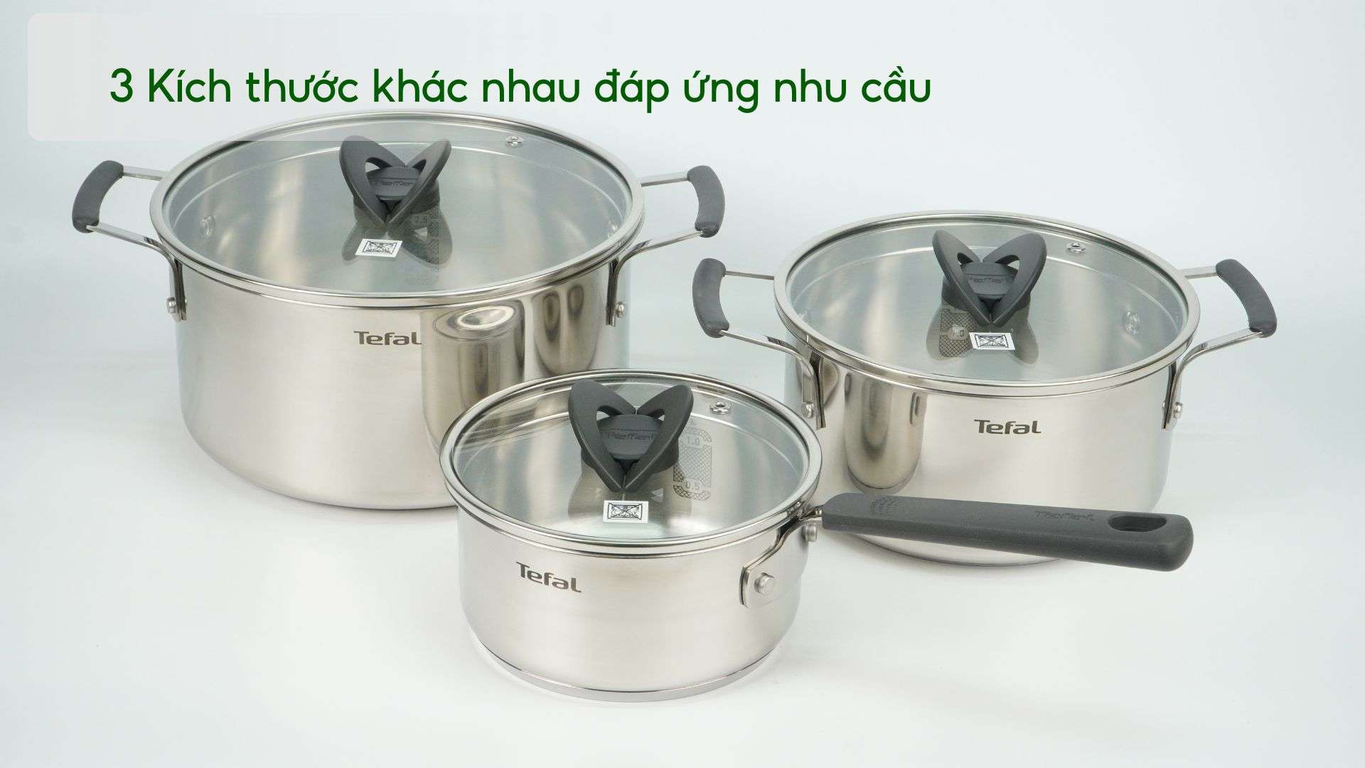 Bộ 3 Nồi Inox Cao Cấp Tefal Optispace (16,20,24Cm) G7376S44 3 Kích thước khác nhau đáp ứng nhu cầu