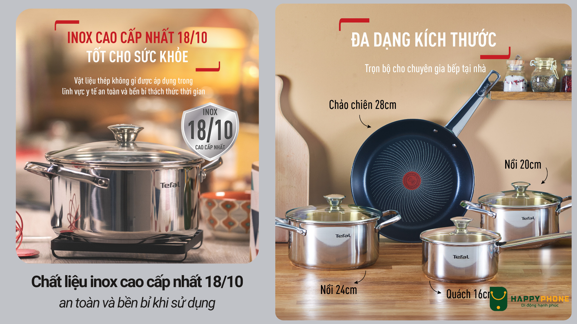 Bộ Nồi Chảo inox Tefal Cook Eat B922S784 được làm từ chất liệu inox cao cấp