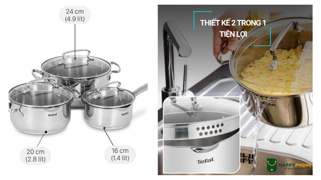 Bộ Nồi Inox Tefal Duetto Plus có kích thước đa dạng