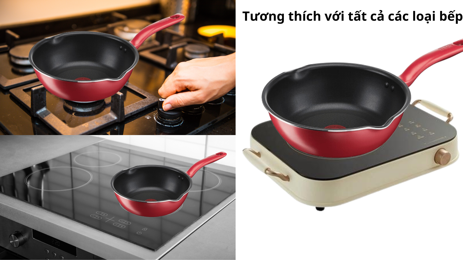 Chảo Chiên sâu lồng Tefal So Chef tương thích với tất cả các loại bếp, dù bạn sử dụng bếp gas truyền thống, bếp điện hiện đại, bếp hồng ngoại