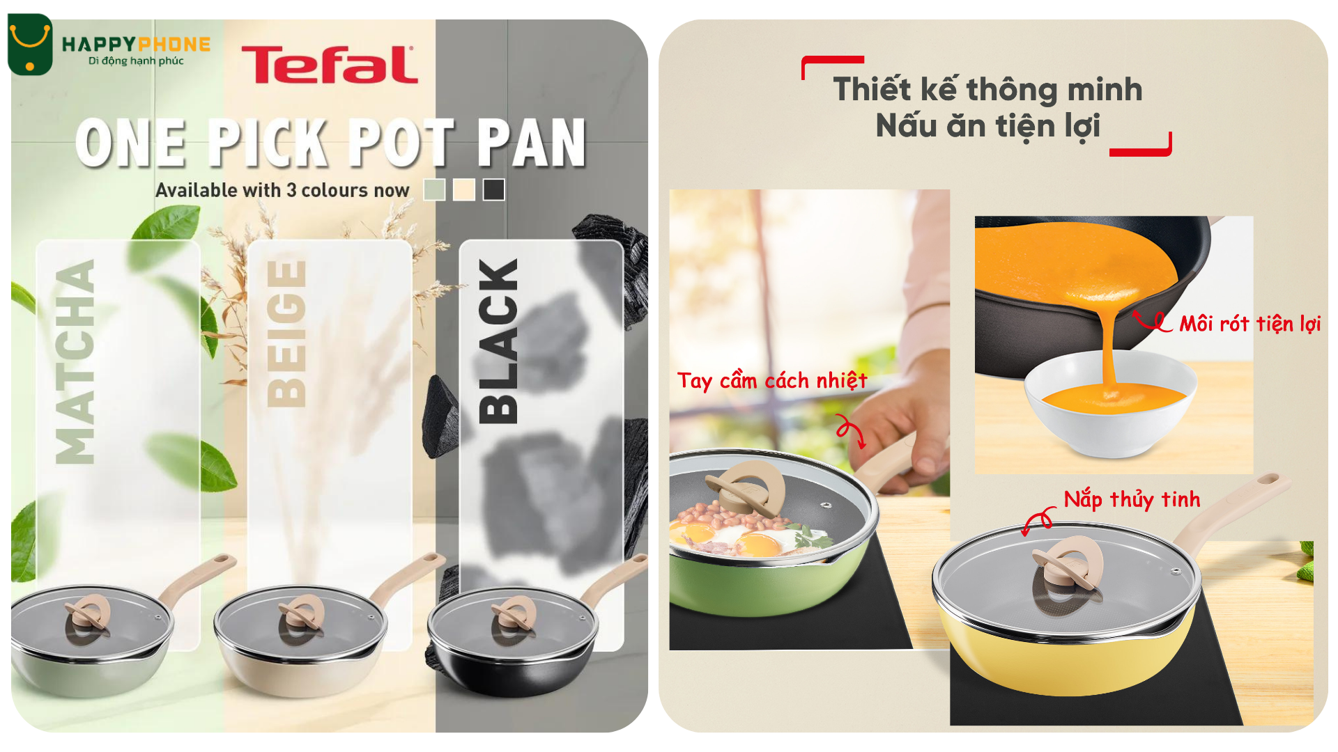 Chảo Nồi Có Nắp Đa Năng 3 Trong 1 Tefal nắp kính cường lực kiểm soát được quá trình nấu nướng