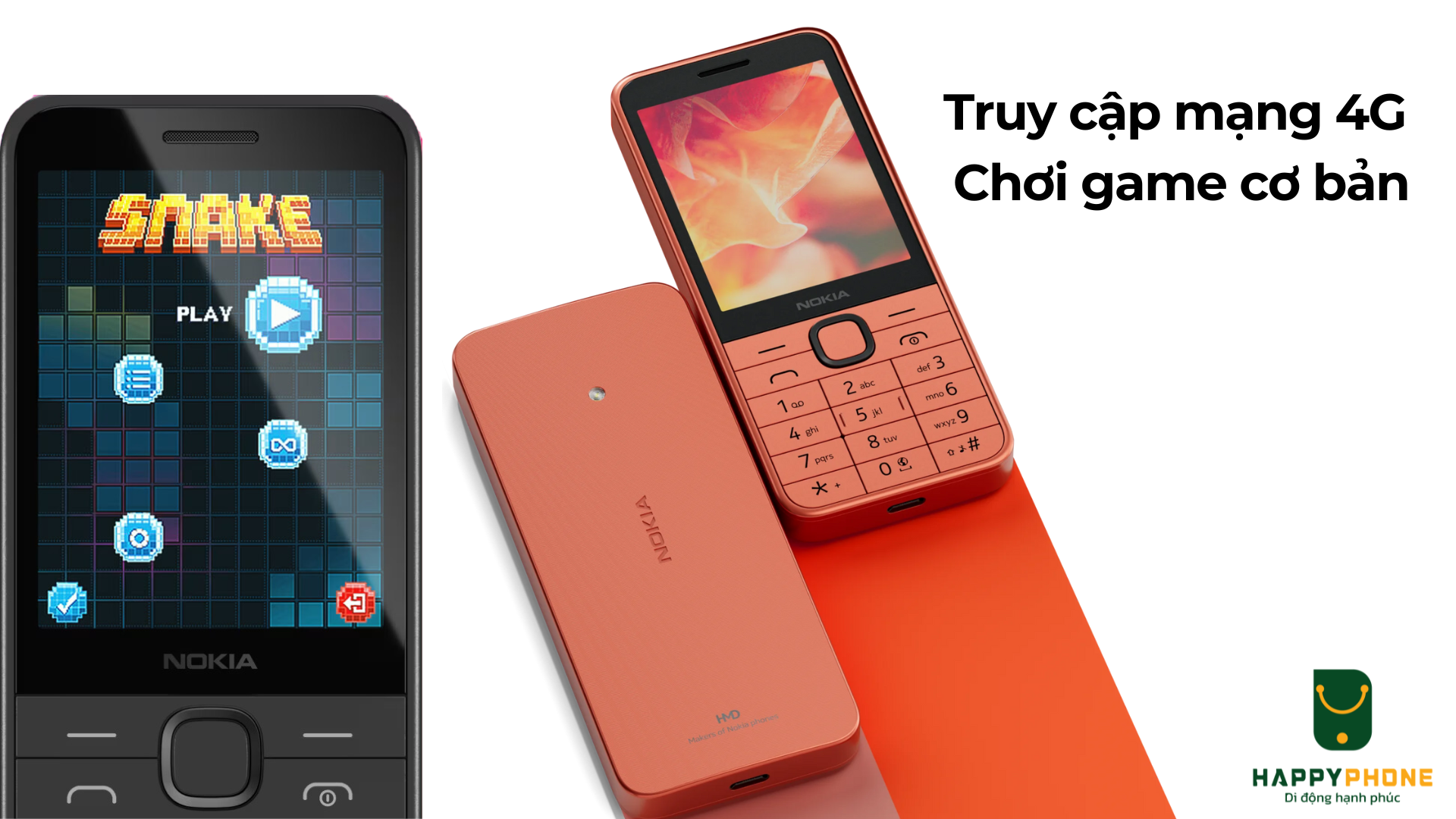 Điện thoại Nokia 220 4G màu cam. Nhiều Tính năng đặc biệt, Truy cập mạng 4G, Chơi game cơ bản