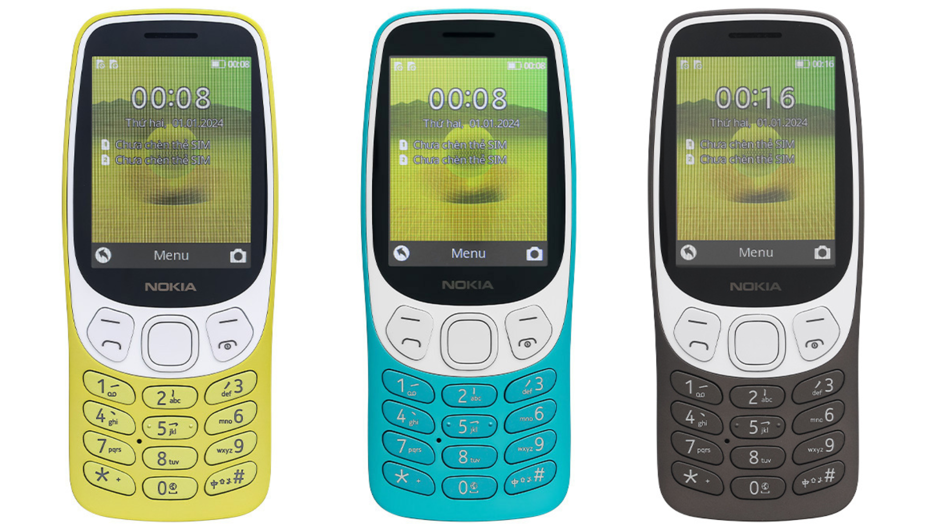 Điện thoại Nokia 3210 4G màu đen, vàng và xanh dương