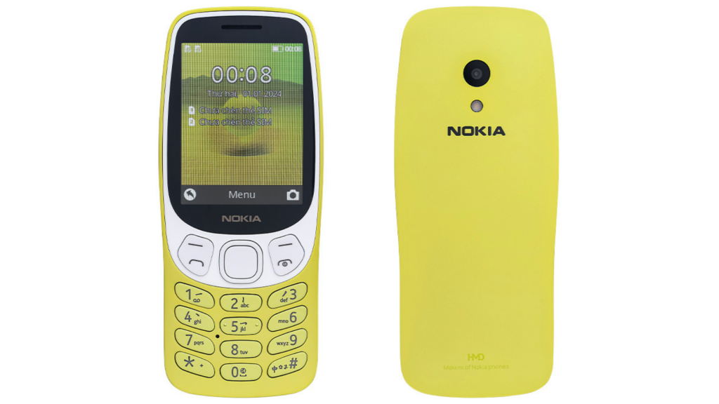 Điện thoại Nokia 3210 4G màu vàng chi tiết trước, sau