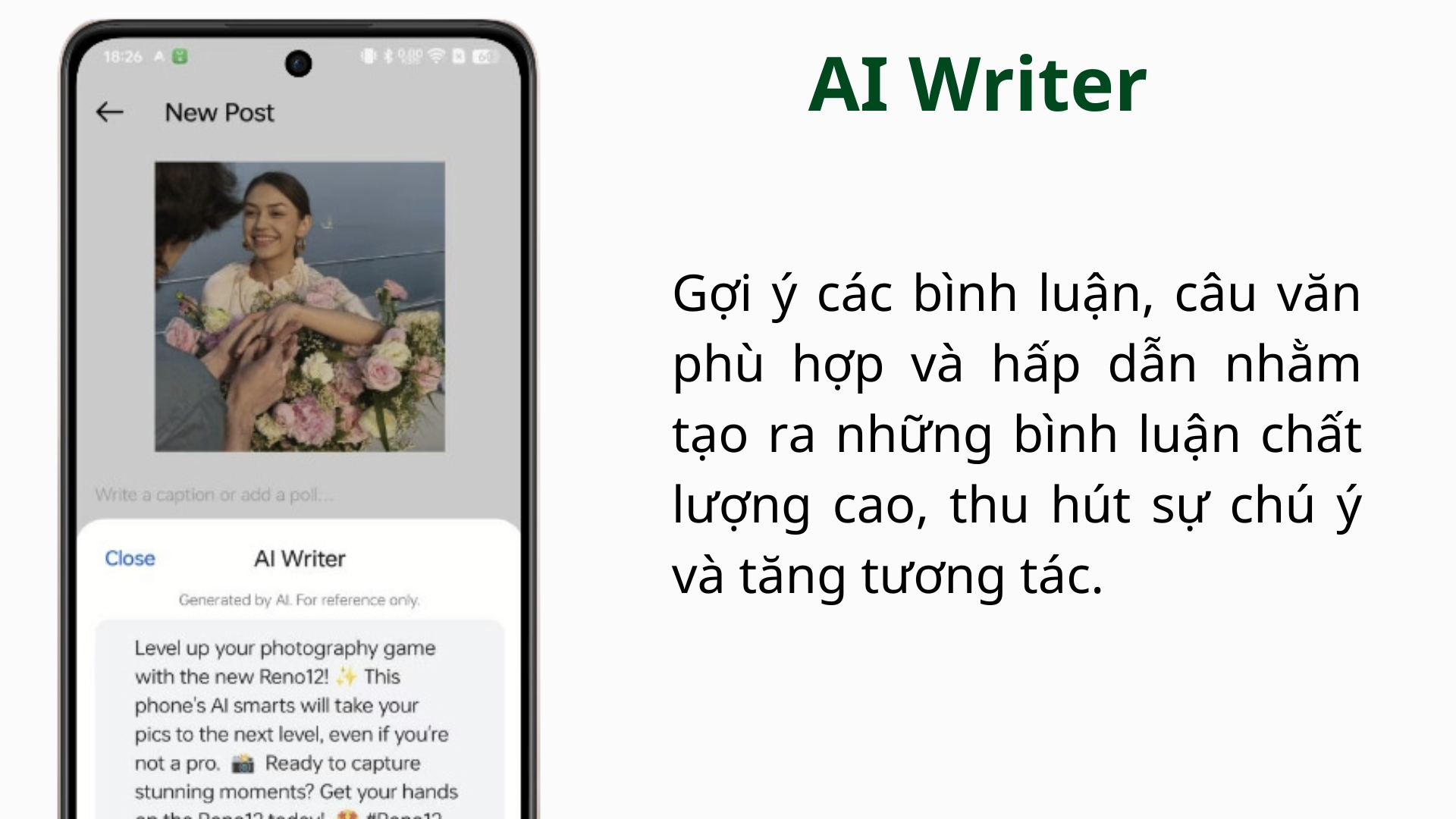 Điện thoại Oppo Reno 12F (8GB-256GB) AI Writer gợi ý bình luận, câu văn