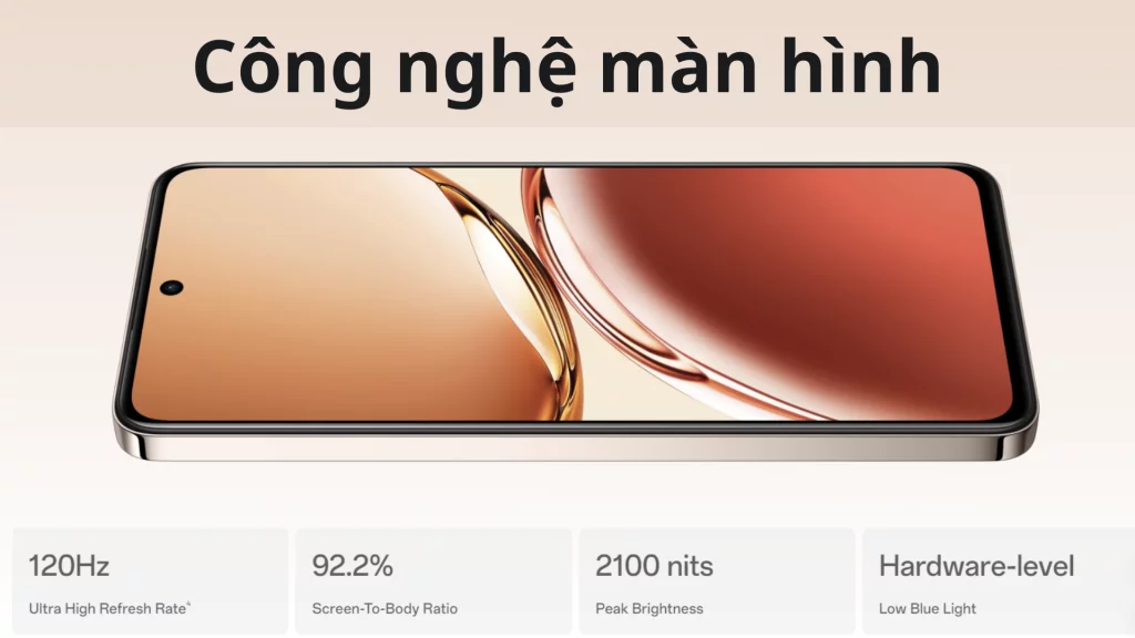 Oppo Reno 12F Công nghệ màn hình độ sáng lên đến 2100 nits, tần số quét 120Hz