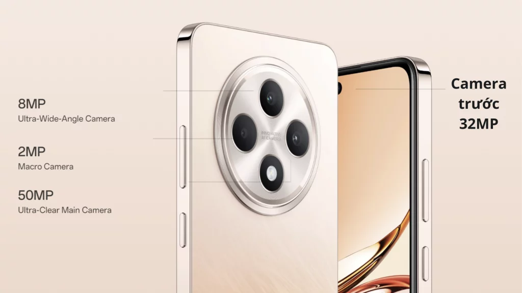 Oppo Reno 12F camera đỉnh trước 32MP, camera sau 50MP + 8MP + 2MP