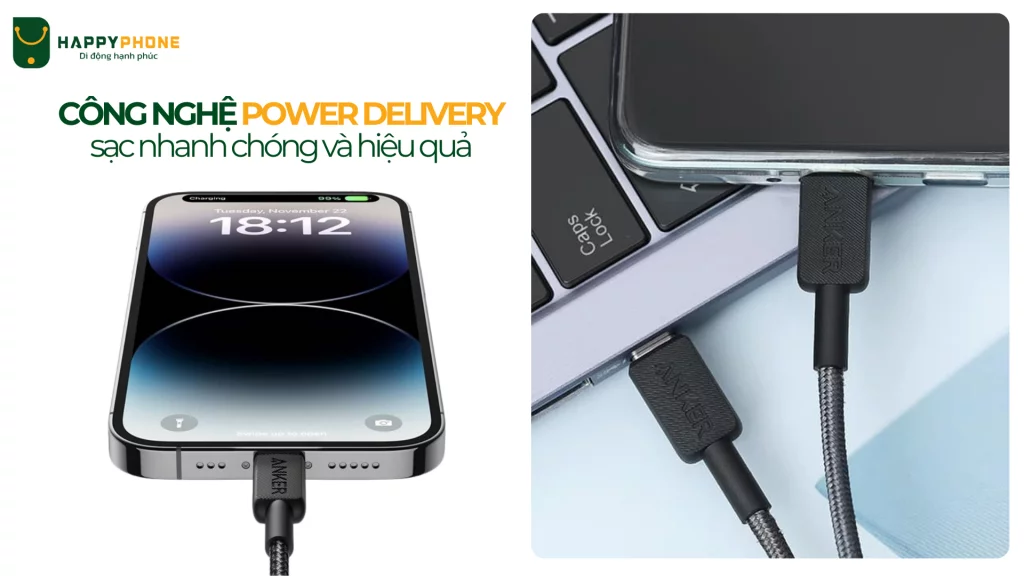 Cáp sạc Anker 322 USB-C to Lightning (1.8m) sở hữu công nghệ sạc nhanh Power Delivery