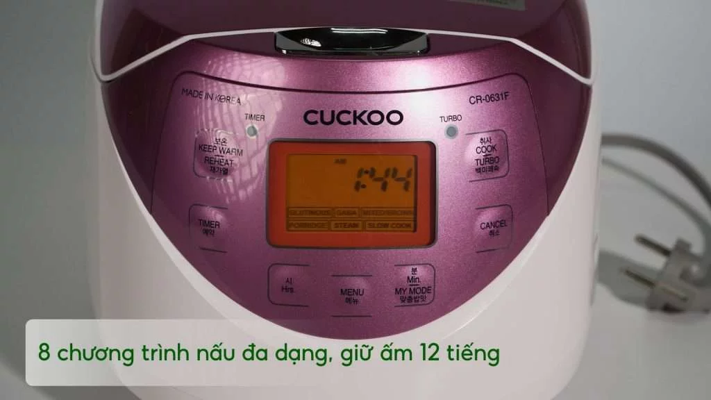 Nồi Cơm Điện Tử Cuckoo (CR-0631F_IVPIVNCV) 1.08L Hồng tím 8 chương trình nấu đa dạng, giữ ấm 12 tiếng