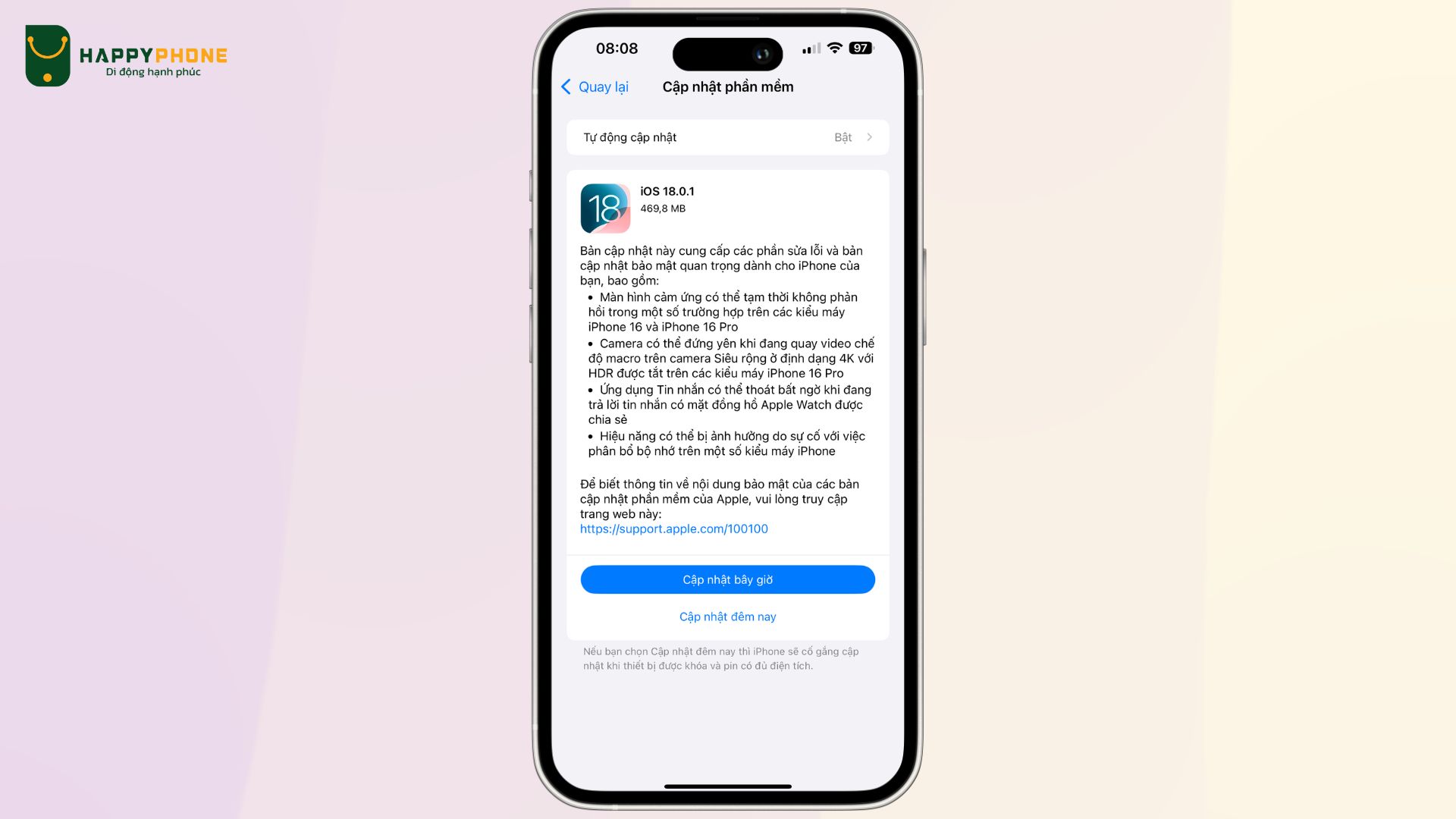 Hướng dẫn cập nhật lên iOS 18.0.1