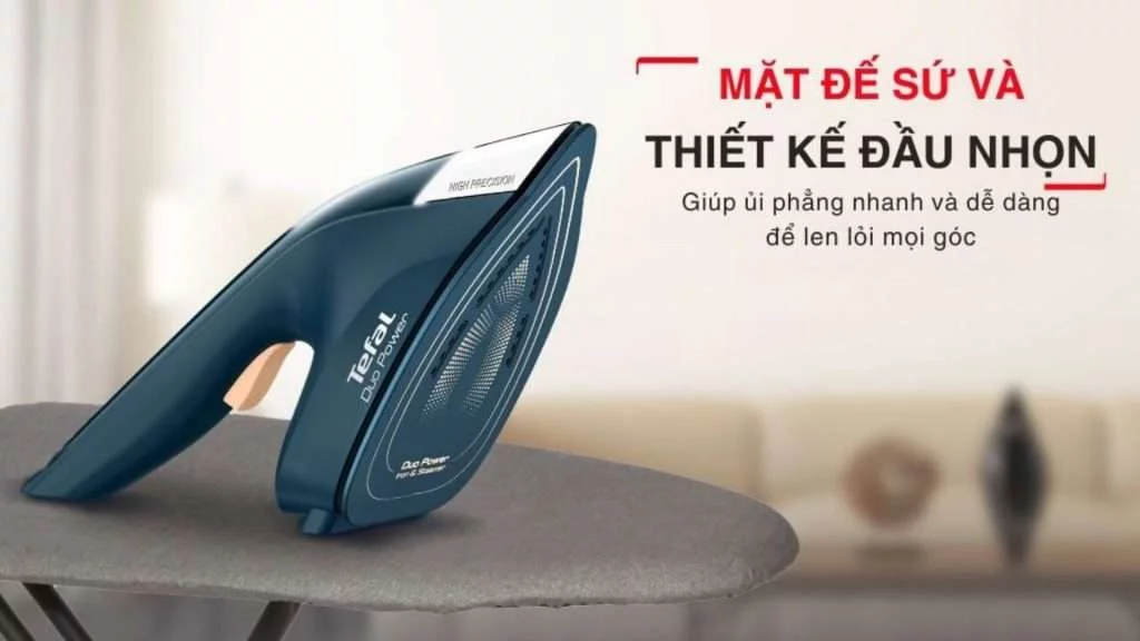 Bàn ủi hơi nước Tefal 2 trong 1 Duo Power (JF4032E0) - Thiết kế đầu nhọn và mặt đế sứ