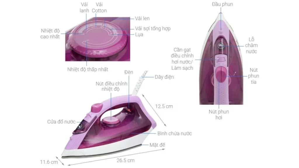 Bàn ủi hơi nước Tefal Easy Steam (FV1955E0) - Chi tiết kích thước
