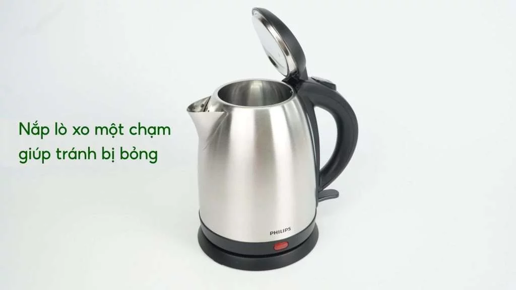 Bình đun PHILIPS HD9306_03_Bạc và Đen Nắp lò xo một chạm giúp tránh bị bỏng
