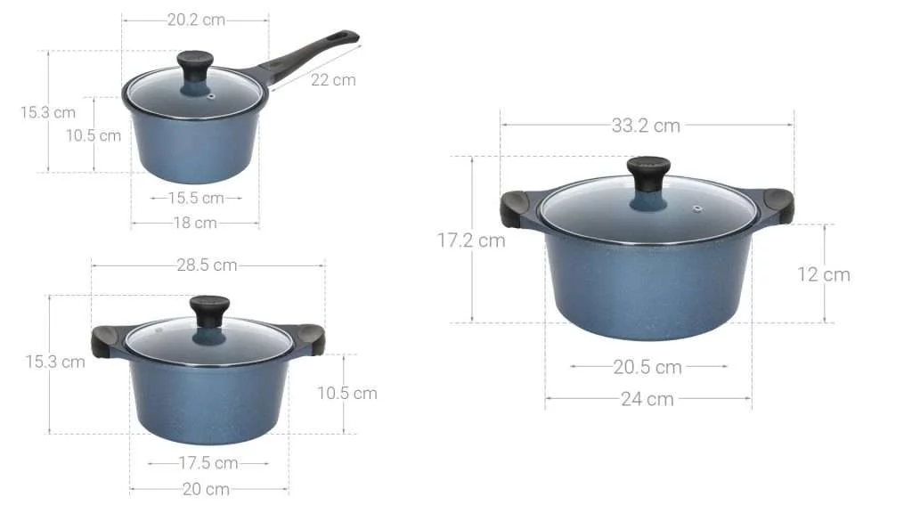 Bộ 3 nồi đúc vân đá Supor Durarock H23102-T1 (18, 20, 24 cm) - Chi tiết kích thước