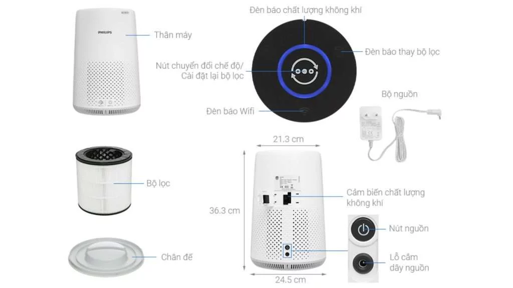 Máy lọc không khí Philips AC0850_20 - Chi tiết kích thước