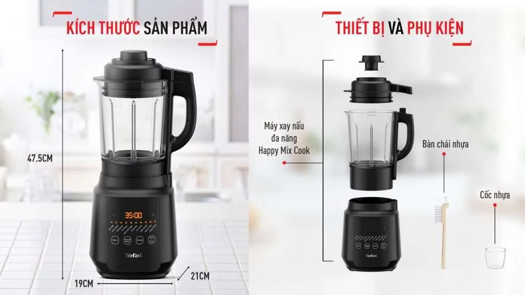 Máy xay sinh tố làm sữa hạt Tefal (BL511868) - Kích thước và phụ kiện