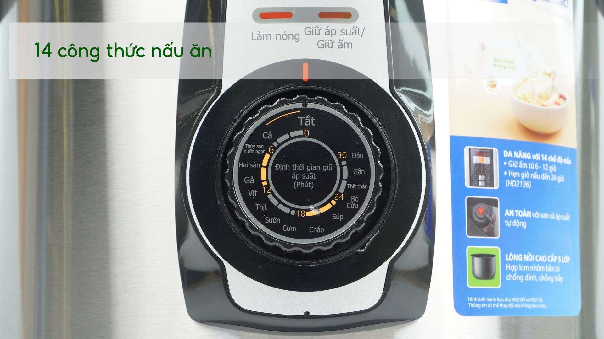 Nồi áp suất PHILIPS HD2103_66_Bạc và Đen 14 công thức nấu ăn