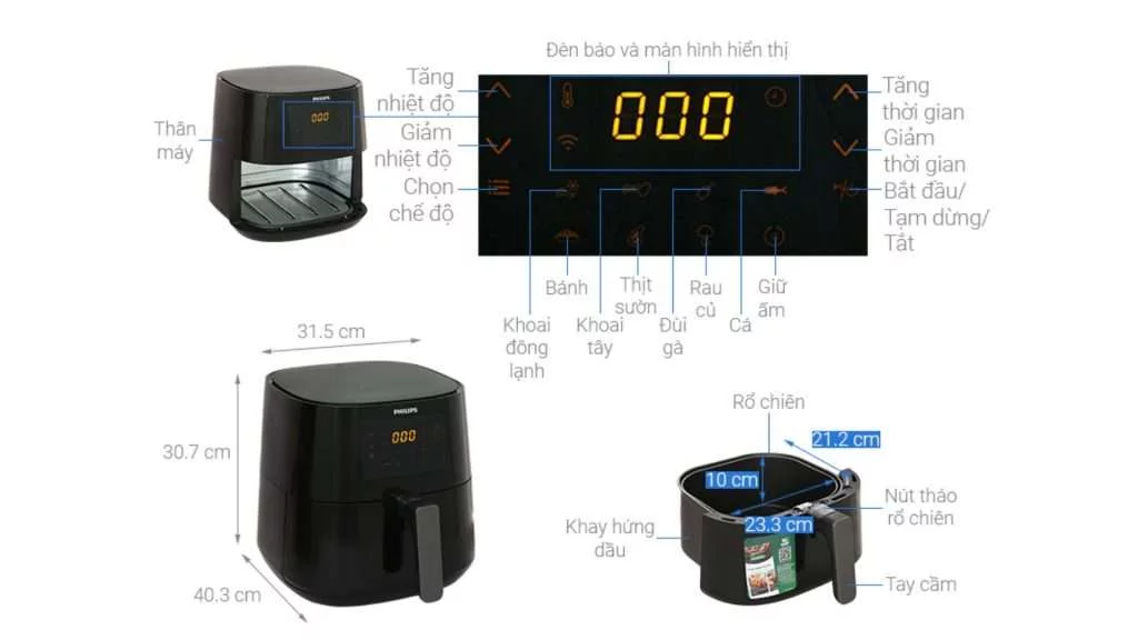Nồi chiên không dầu PHILIPS HD9280_90 - Kích thước