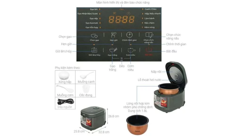 Nồi cơm điện tử cao tần Tefal 1.8L (RK818A68) - Chi tiết kích thước